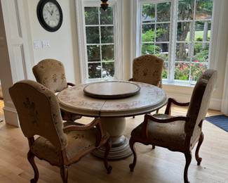 Hand-Painted Floral Motif Round Pedestal Dining Table (54"D x 30"H) with Upholstered Floral Motif Armchairs (4 Total)