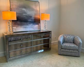 New Age Industries Co. 6 Drawer Mirrored Dresser (20"D x 72"W x 36"H) with Silver & Grey Upholstered Armchair (30"H x 33"W x 29" Back Height)