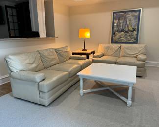 Emerson Leather 3 Seat Sofa (38"D x 79"W x 29" Back Height) & Emerson Leather Loveseat (38"D x 57"W x 29" Back Height) & Ethan Allen Square Coffee Table (38"D x 38"W x 18-1/2"H)