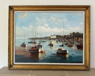 Framed Harbor Scene Oil on Canvas Signed J. Norton