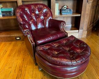 Hancock & Moore Burgundy Tufted Leather Armchair (33"W x 36"D x 33" Back Height) with Ottoman (22"D x 16"H x 28"W)