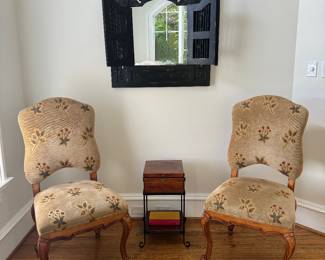 Hand-Carved Indonesian Shuttered Wall Mirror & Vintage Georgian Style Pine Box on Iron Stand & Floral Upholstered Louis XV Style Side Chairs 