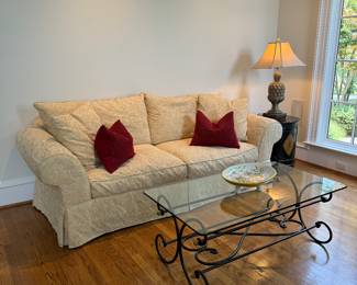 Upholstered 2 Seat Sofa (38"D x 31" Back Height x 42"W) with Glass Top & Steel Base Coffee Table (25"W x 48"L x 17"H) 