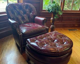 Hancock & Moore Burgundy Tufted Leather Armchair (33"W x 36"D x 33" Back Height) with Ottoman (22"D x 16"H x 28"W)