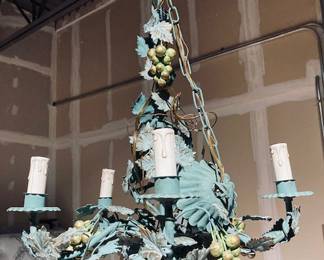 Vintage Antique Metal Italian Green Grapevine Chandelier.