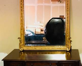 Large Antique Gilt Crested Frame Wall Mirror. Office Desk.