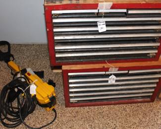 Portable power washer. Two multi drawer tool cabinets.