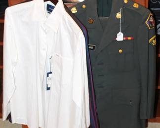 Dress shirt new with tags and vintage military uniform.