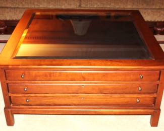 Bob Timberlake Collector's Cocktail Table. Beveled glass top, 3 drawers. BUY IT NOW! $295.00. 40" W x 40" D x 19" H. Original price $1,960.