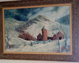 Large original oil painting winter farm scene