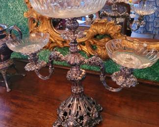 Large English 3 arm silvered over copper Epergne with cut glass inserts