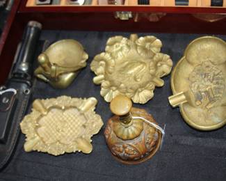 antique brass ashtrays - France, antique French brass bell, hunting knife.