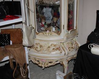 Dolls, antique style lighted display cabinet