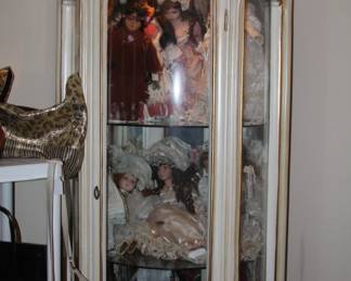Dolls, antique style lighted display cabinet