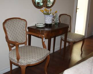 antique inlaid console/game table, antique pair of French Provincial chairs