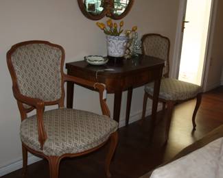 antique inlaid console/game table, antique pair of French Provincial chairs