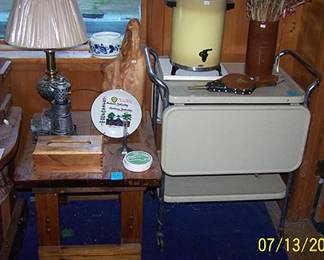 Wood end table, metal kitchen rolling cart