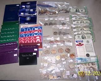 Assorted coin, mint sets, bills  (some foreign) and silver certificate
