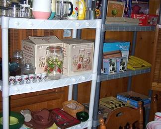 Retro coffee pots, pitchers, cannisters, silverware, items in box