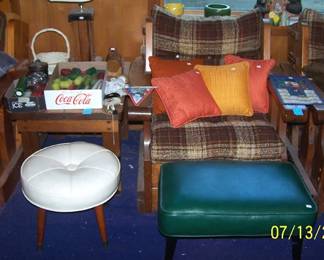 Pine chair and end table, vintage stools