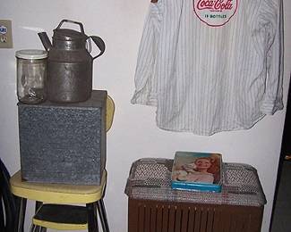 Wood advertising hangers, Coca Cola driver's shirt (as is) Yellow kitchen stool, milk bottle box, hamper
