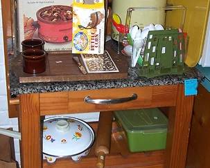 Marble top rolling wine table, vintage Crock pots