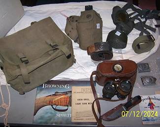 WW ll items, binoculars, German belt buckles including SS