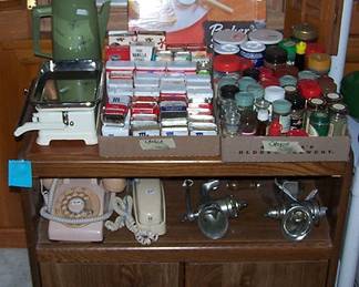 Microwave cart, spices, vintage German scale and Avocado coffee pot