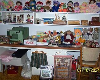 Hand crafted dolls, Elna Supermatic portable sewing machine, sewing and craft items, etc...