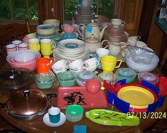 Pink Pyrex mixing bowls, Fire King jadite refrigerator dishes, Glas-Bake onion soup bowls, Boonton plastic dinnerware and more 
