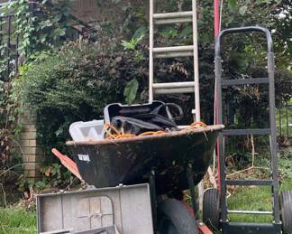 Ladder, Pole Saw, Wheel Barrow and Tools
