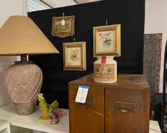 Oak card catalog, prints, ceramic chickens