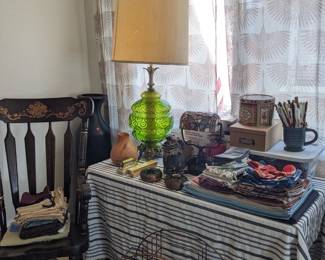 Large Vintage Lamp, Mid Century Plant Stand/ Record Holder, Hand Painted Wooden Rocking Chair, Shoe Dust Covers, Placemats, Cloth Napkins & more....