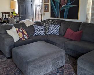 Couch (Sorry just SOLD),  Vintage Arch Lamp, Vintage Celestial Prints By Mary Beth Zeitz, Birds of Paradise Painting By Lee Reynolds 