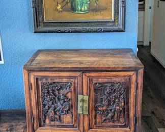 Hand Carved Chinese Cabinet & Vintage Painting 