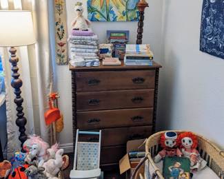 1979 Lullaby Dresser, Handmade Moses Basket & Stand, Vintage Raggedy Ann & Andy Dolls w/ antique book & lots of baby/ children's stuff NEW & gently used.
