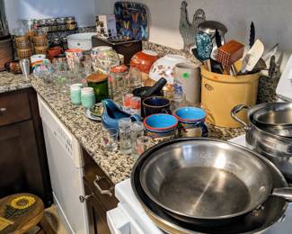 Lots of Kitchen Goodies- Stainless Steel Pots & Pans - Vintage Pyrex 