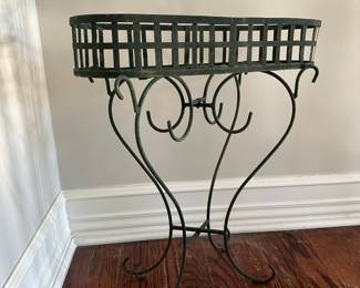 Green Painted Metal Planter On Stand