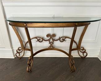 Demi Lune Console Table With Glass Top And Gilt Metal Scrolling Base And Floral Decoration