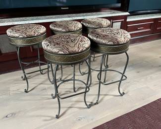 Set Of Five Custom Upholstered Swivel Top, Iron Base Bar Stools