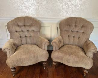 Pair Of Tufted Arm Chairs On Turned Feet With Casters