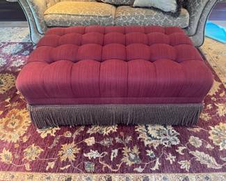 Custom Upholstered Red Tufted Ottoman With Tassel Fringe