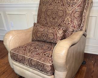 Taylor King Custom Upholstered Leather Wing Back Recliner And Paisley Fabric Cushions