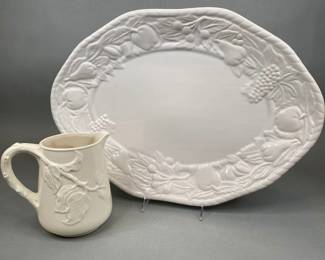 White Embossed Platter And Pitcher