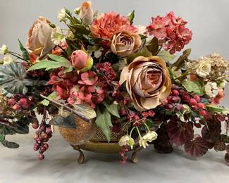 Faux Floral Centerpiece With Brass Footed Container