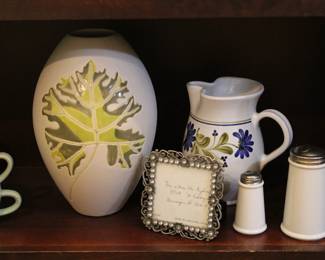 Pressed leaf ceramic vase, Williams Sonoma Grand Cuisine ceramic pitcher, vintage silver photo frame, a white ceramic salt shaker, and parmesan cheese shaker