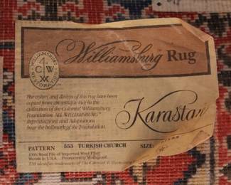 Label for Williamsburg Karastan Turkish Church Pattern 553 area rug, measuring 5'7" x 8'8", 100% wool pile, crafted in USA