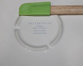 Detail on the underside of Pottery Barn Emma white dinner plates, Made in Portugal