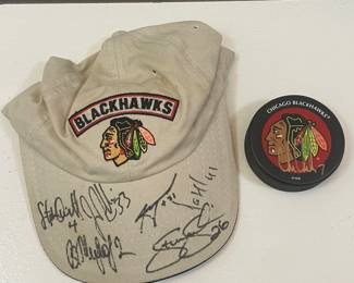 Chicago Blackhawkes signed embroidered hat, appears to have autographs of Stephane Quintal, Jamie Allison, Boris Mironov, Steve Sullivan, Joceyln Thibault, and unidentified sixth signature