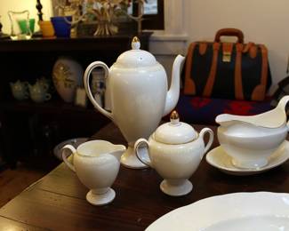 Wedgwood Signet Gold bone china, made in England, 1994, coffee pot, creamer and sugar bowl. and gravy boat with saucer
